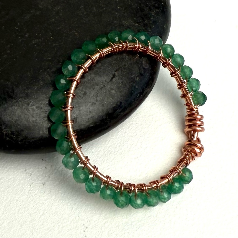 Natural Green Aventurine & Copper Wire Wrap Stack Ring Hand Crafted Size 9.25